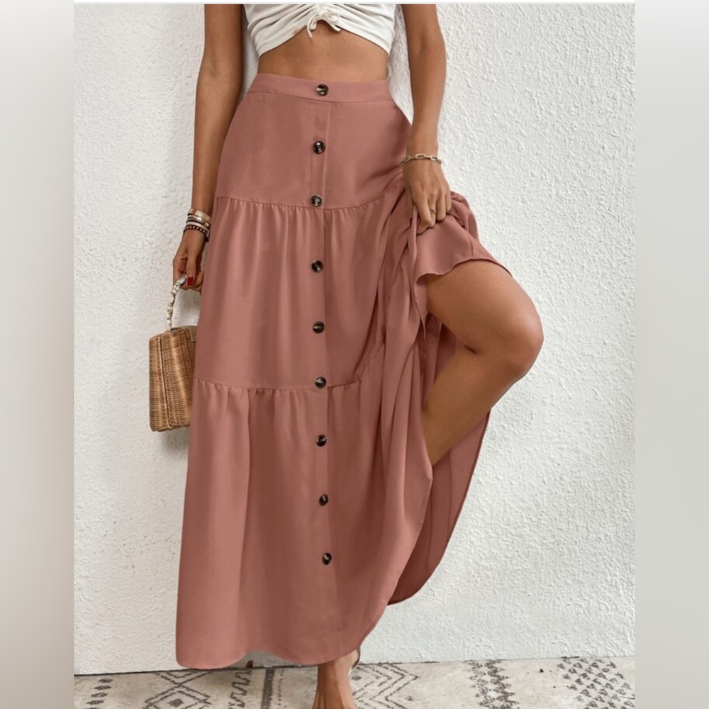 SHEIN Lune Pink Button-Down Ruffle Tiered Skirt Size Medium